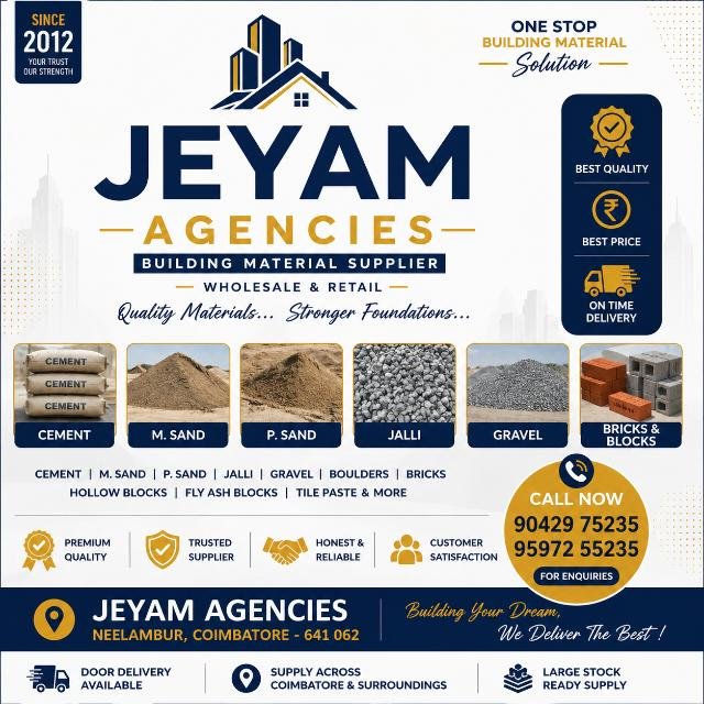 Jeyam Agencies promotional poster listing building materials and dealer enquiry numbers